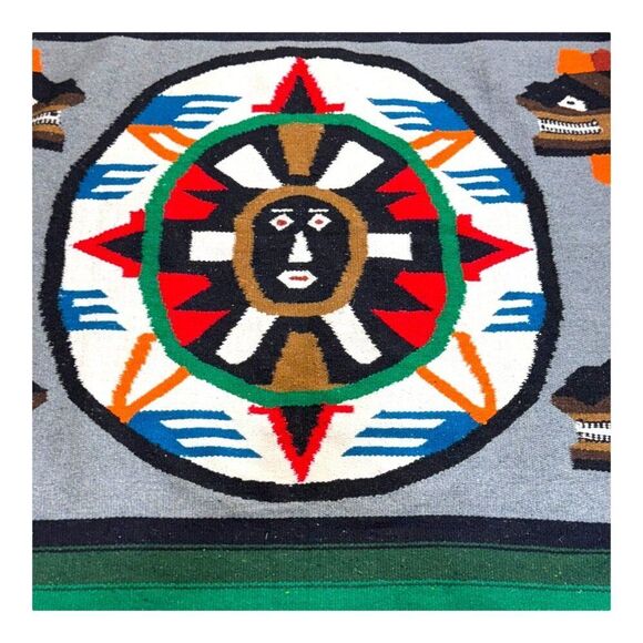 Vintage Southwestern Tribal Inspired Wool Rug Aztec Mayan Sun Face Stripes 50X81 - Picture 2 of 4